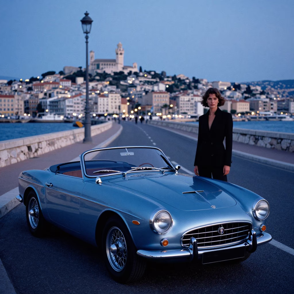 Evening Fashion Portrait on Marseille Corniche with Vintage Car and Glass Wall in in Marseille, France