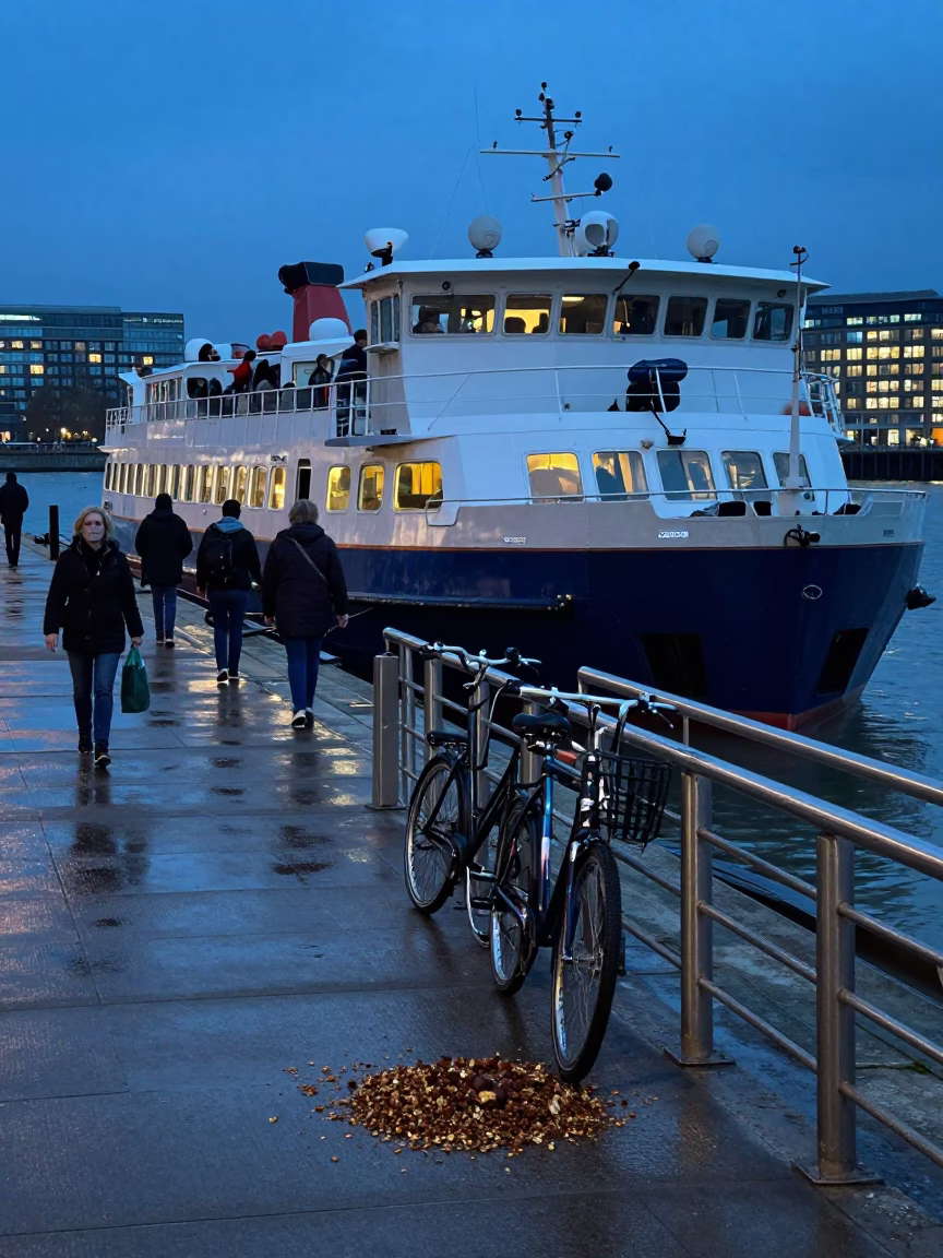 Evening Ferry Departure in London with Chestnut Husks and Steel Rails in in London, United Kingdom