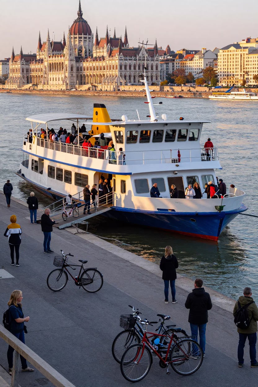 Evening Ferry Dock in Budapest Hungary Loading Passengers and Bicycles in in Budapest, Hungary