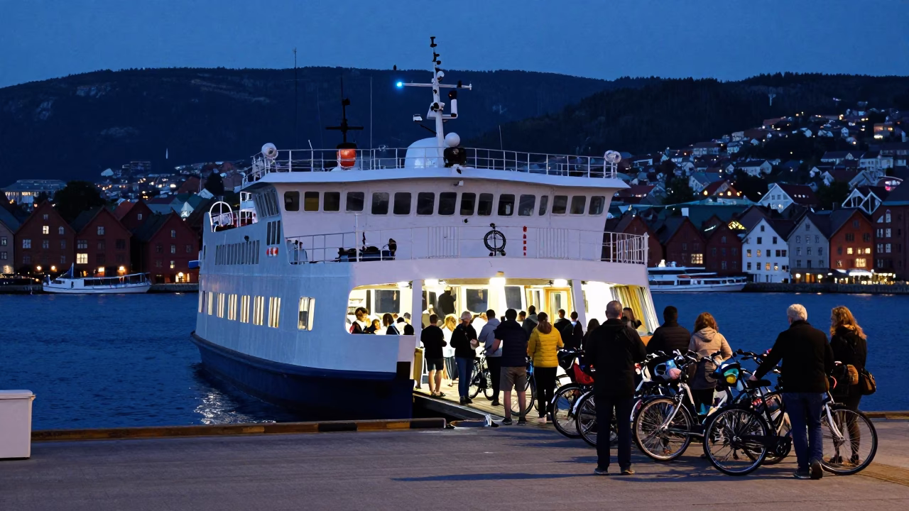 Evening Ferry Loading Passengers and Bicycles at Bergen Dock in Norway in in Bergen, Norway
