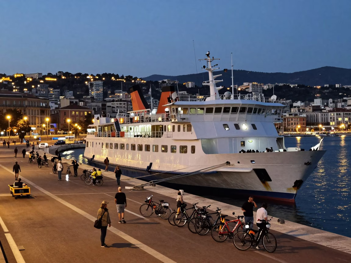Evening Ferry Scene in Nice France with Dockside Activity and City Lights in in Nice, France