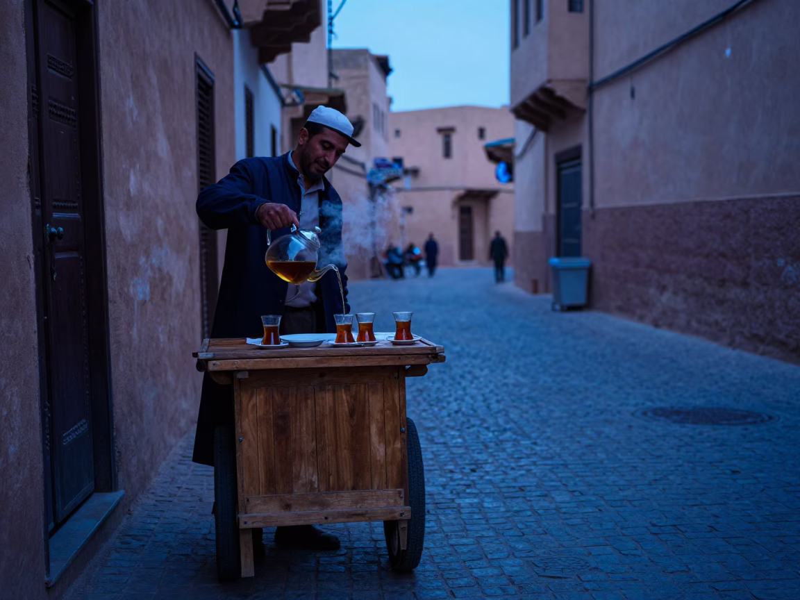Evening Fez Morocco Street Scene with Mint Tea and Local Market Activity in in Fez, Morocco