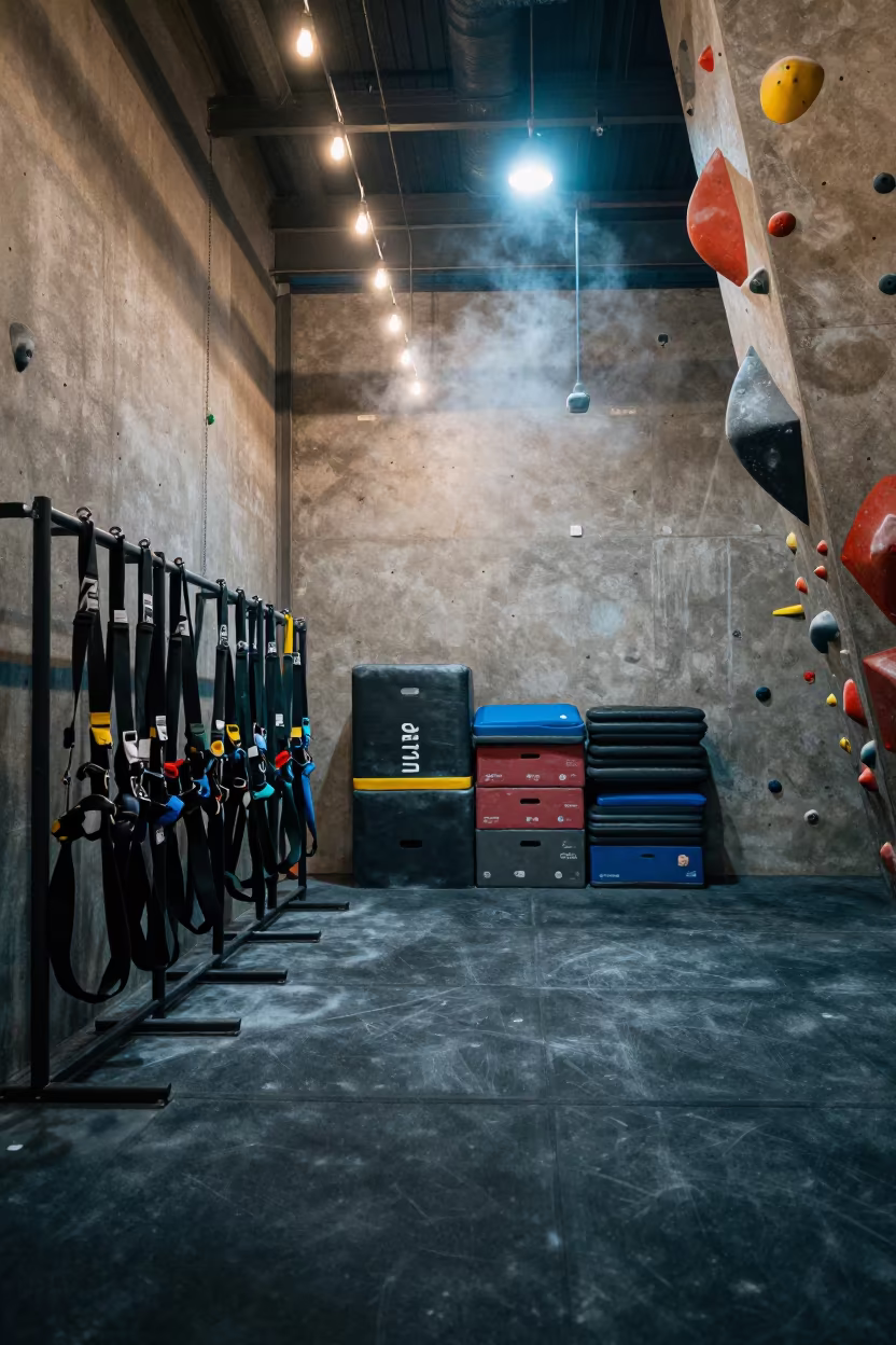 Evening fitness bay with chalk haze and string lights in inside a climbing gym warmup zone in Toledo