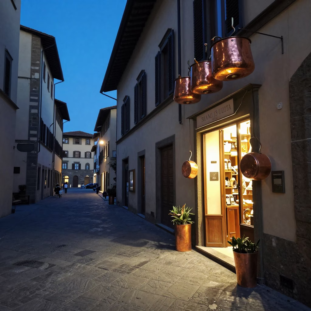 Evening Florence Street Scene with Copper Pots and Local Life in in Florence, Italy