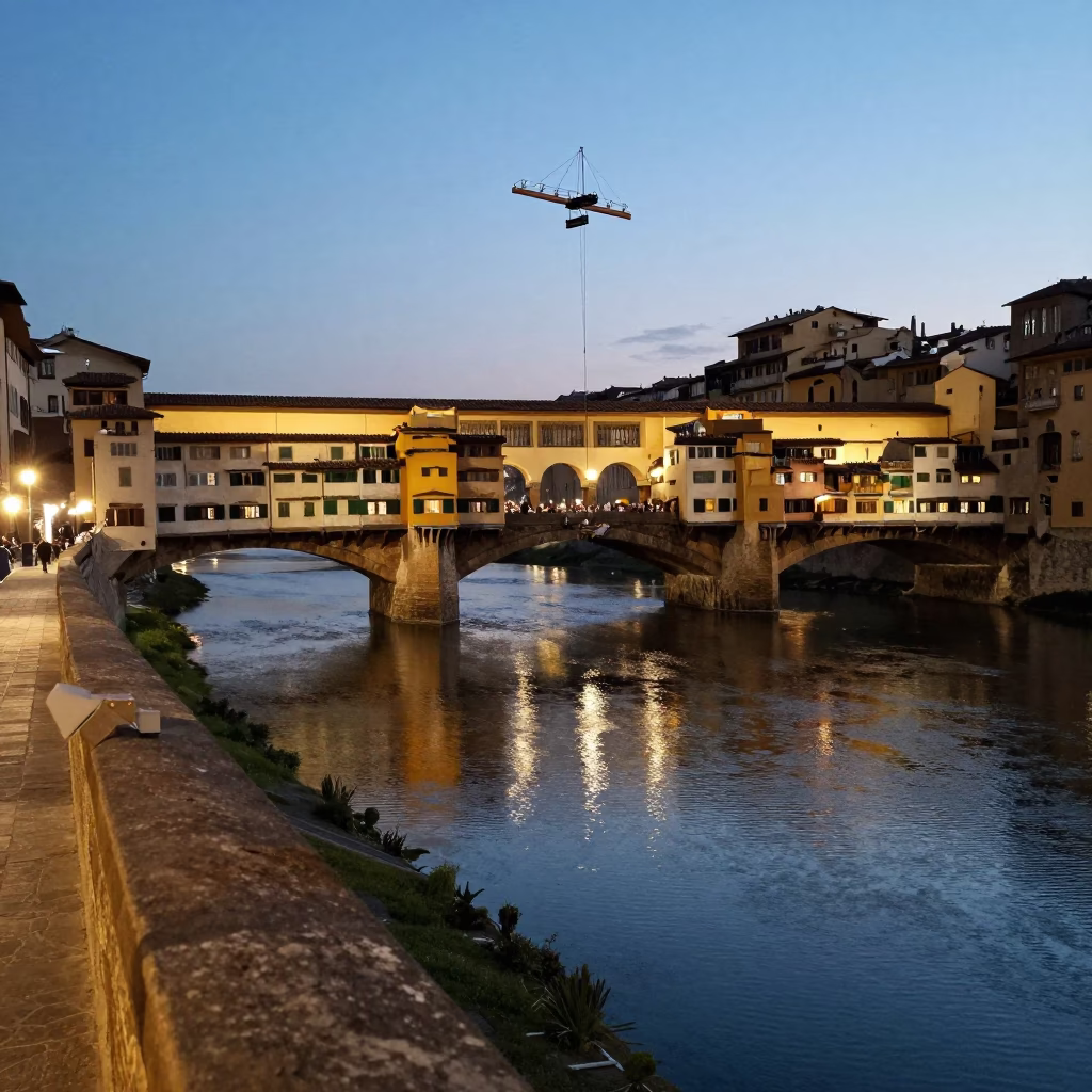 Evening Florence Street Scene with Maintenance Cradle and Traditional Aprons in in Florence, Italy