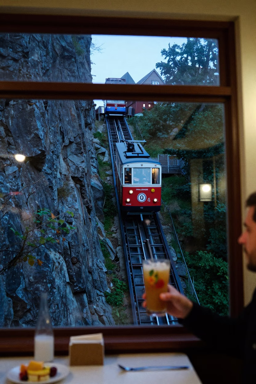 Evening Funicular Ride in Bergen Norway with Local Diner Interior Details in in Bergen, Norway