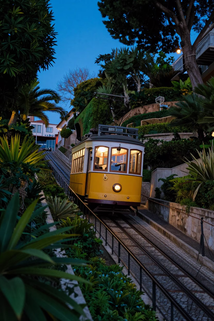 Evening Funicular Ride Through Terraced Gardens in Lisbon Portugal Blue Hour in in Lisbon, Portugal