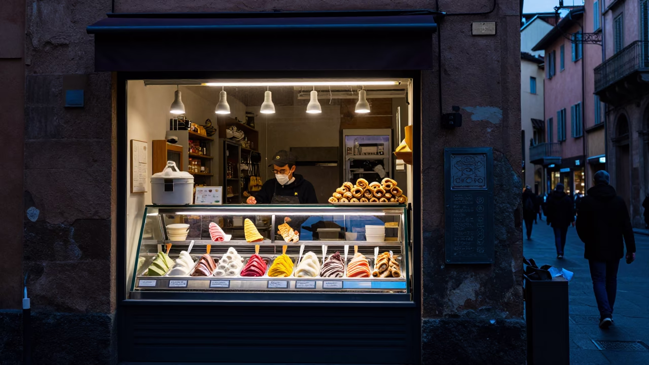 Evening Gelato Display and Cannoli Tray in Bologna Italy Street Scene in in Bologna, Italy