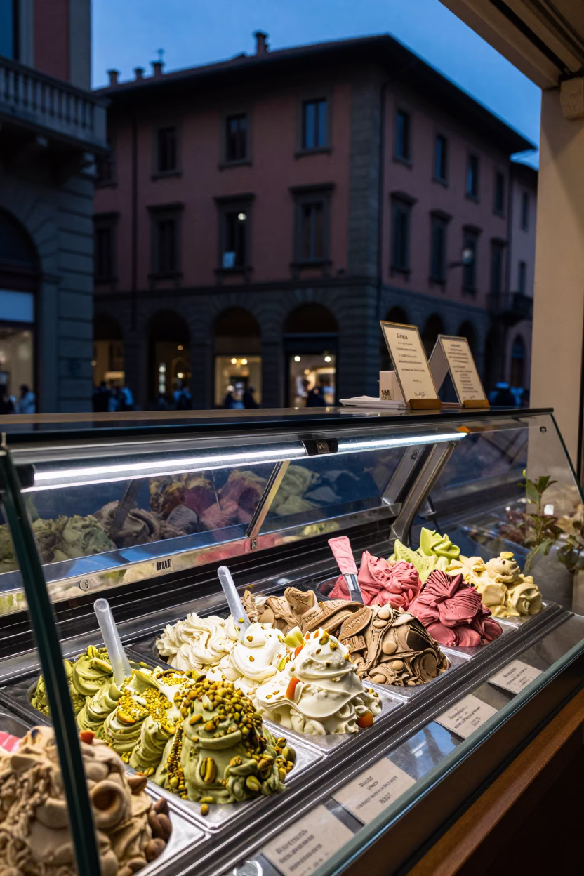 Evening Gelato Shop Window Display in Bologna Italy with Colorful Treats in in Bologna, Italy