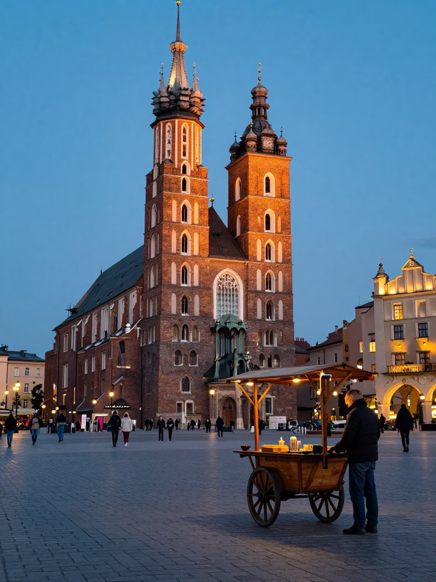 Evening Glow in Krakow at As City Lights Begin To Glow in in Krakow, Poland