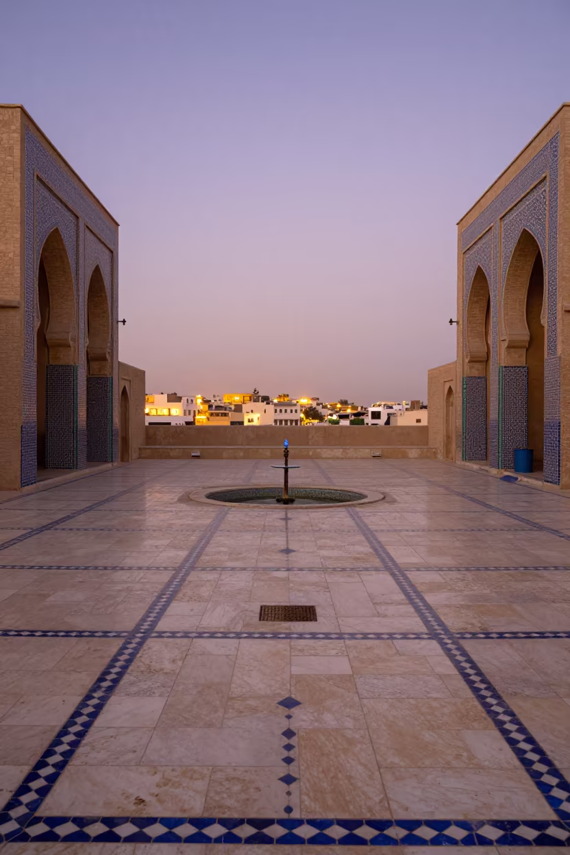 Evening Glow Over Jeddah Mosque Courtyard Fountain in at a shrine entrance near Jeddah