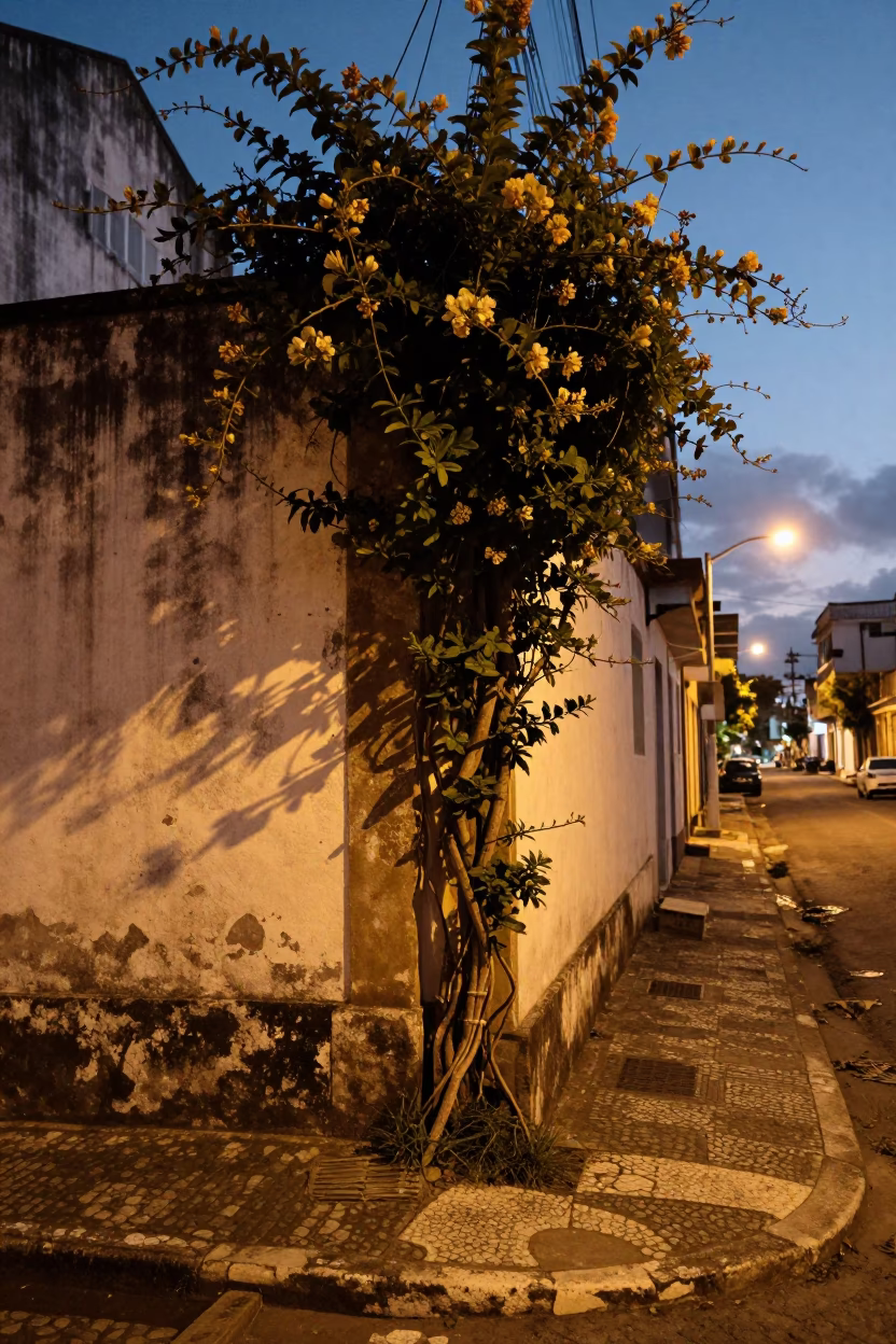 Evening Glow on Salvador Street with Vine and Glass Bottle in in Salvador, Brazil