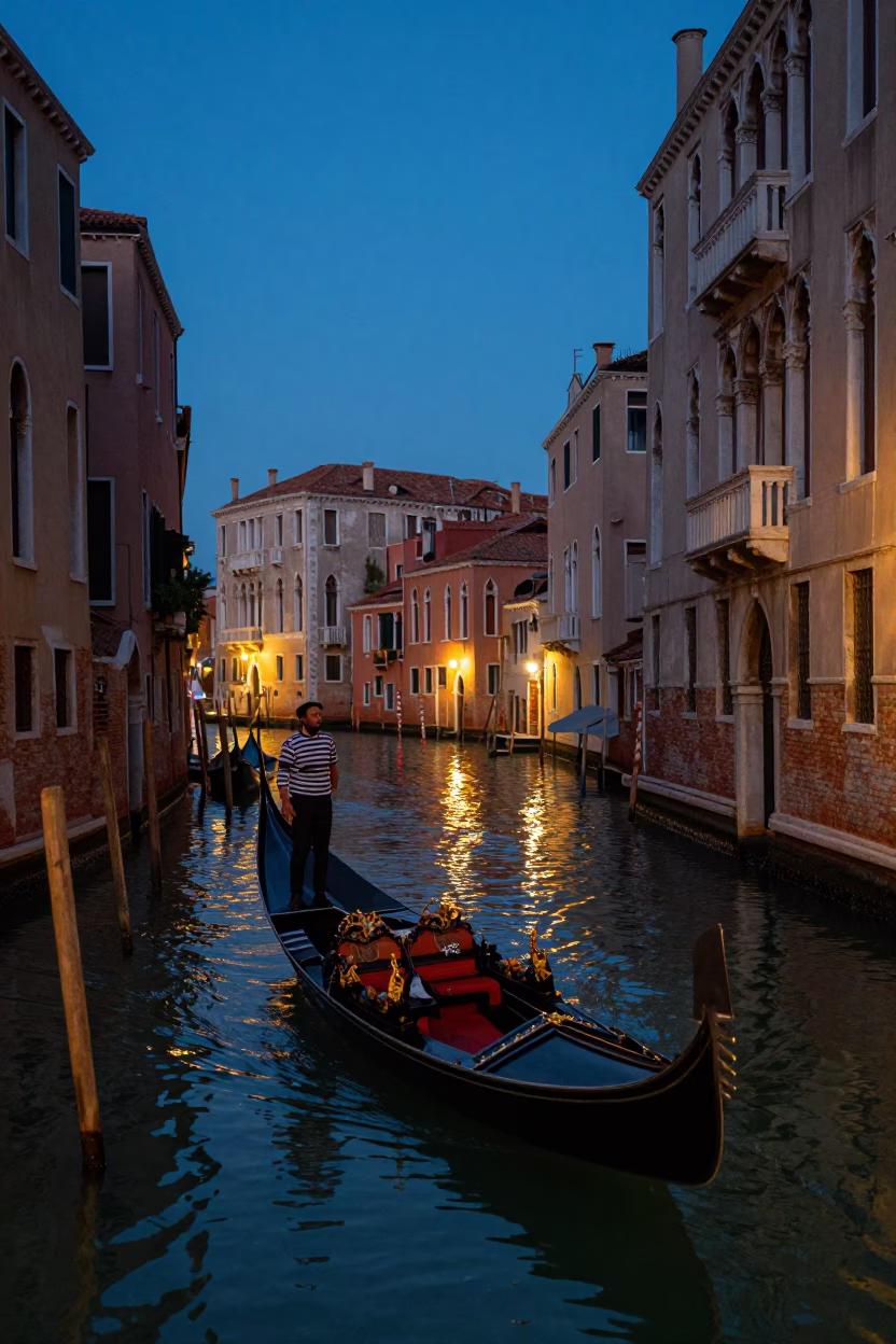 Evening Gondola Ride Through Venetian Canals with City Lights Reflecting on Water in in Venice, Italy