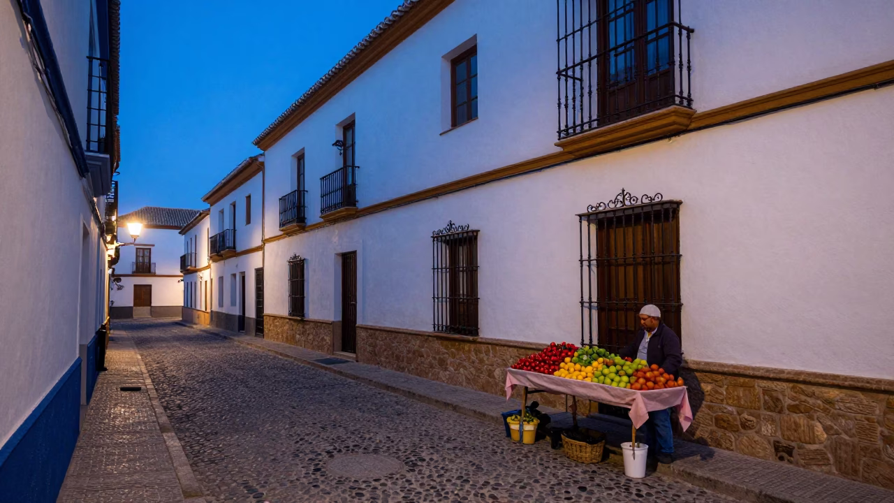 Evening Granada Spain Street Scene with Cherries and Local Life in Blue Hour in in Granada, Spain
