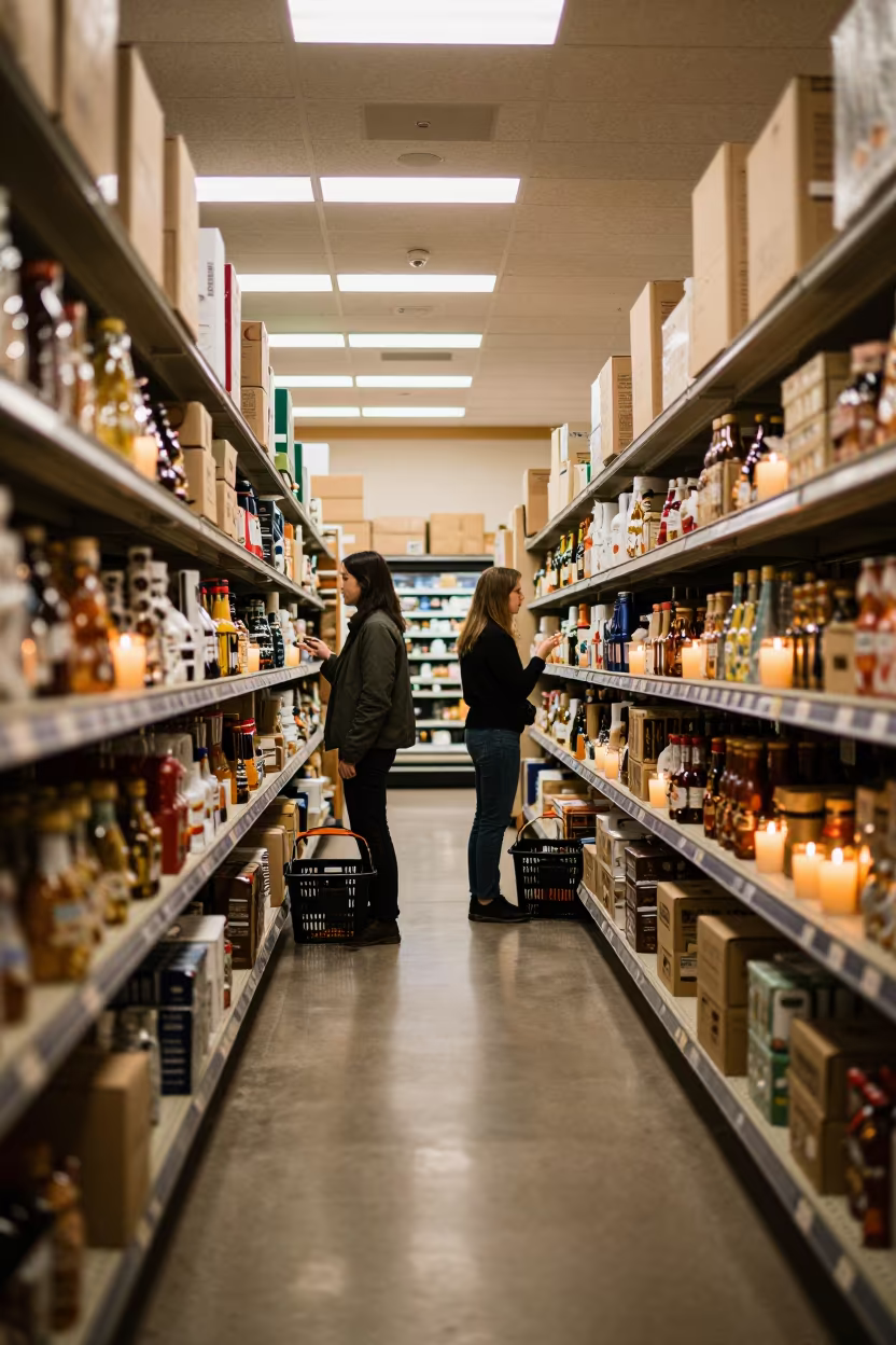 Evening Grocery Aisle Reset with Candlelight Glow in along a grocery aisle under flat fluorescent light in Weimar
