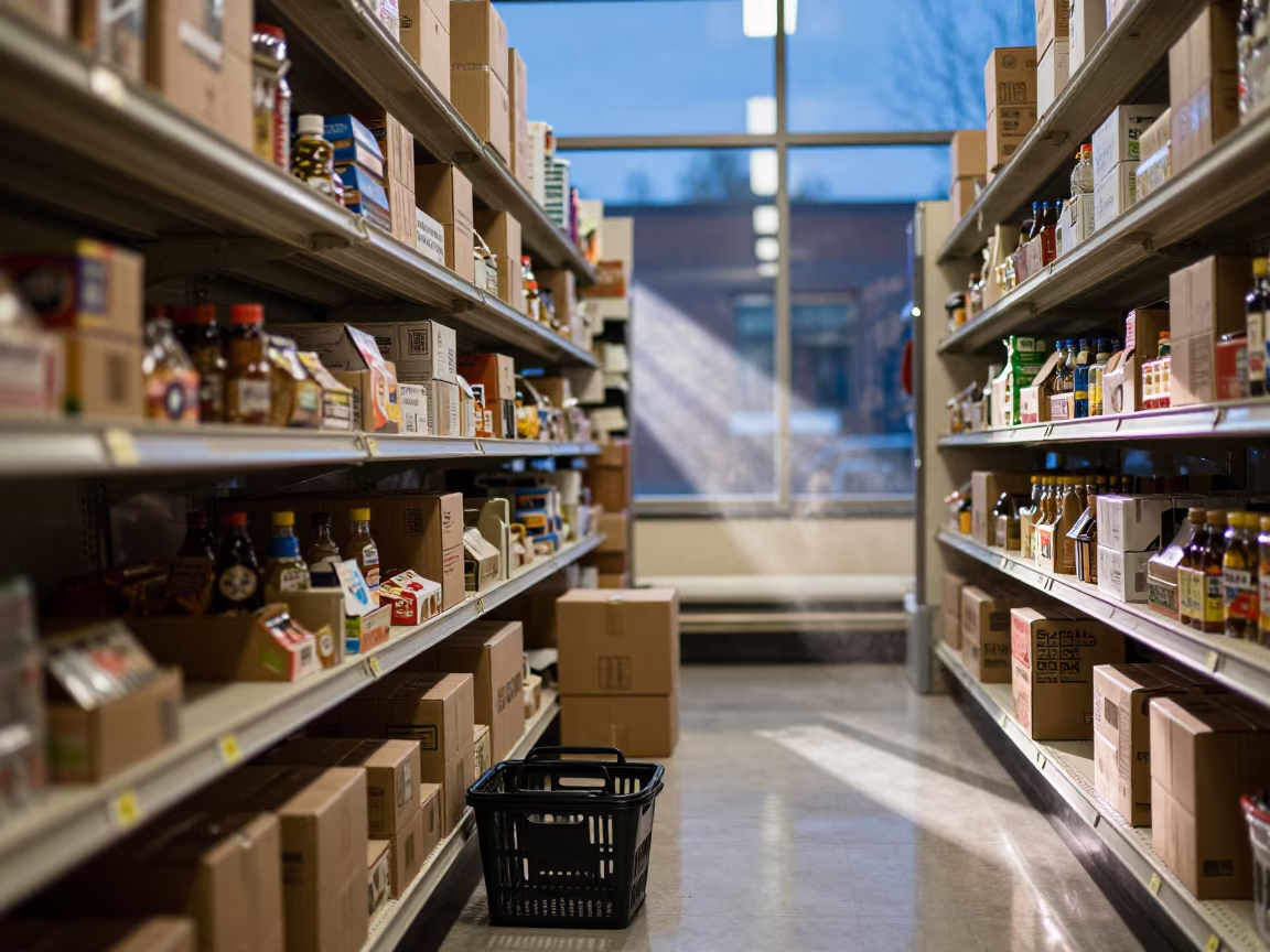 Evening Grocery Aisle Reset with Dust in inside a bright retail aisle in Washington DC