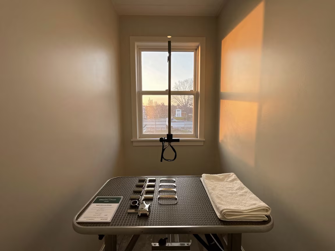 Evening Grooming Bay Towels Tools Kennel in in a boarding kennel corridor in Lalitpur