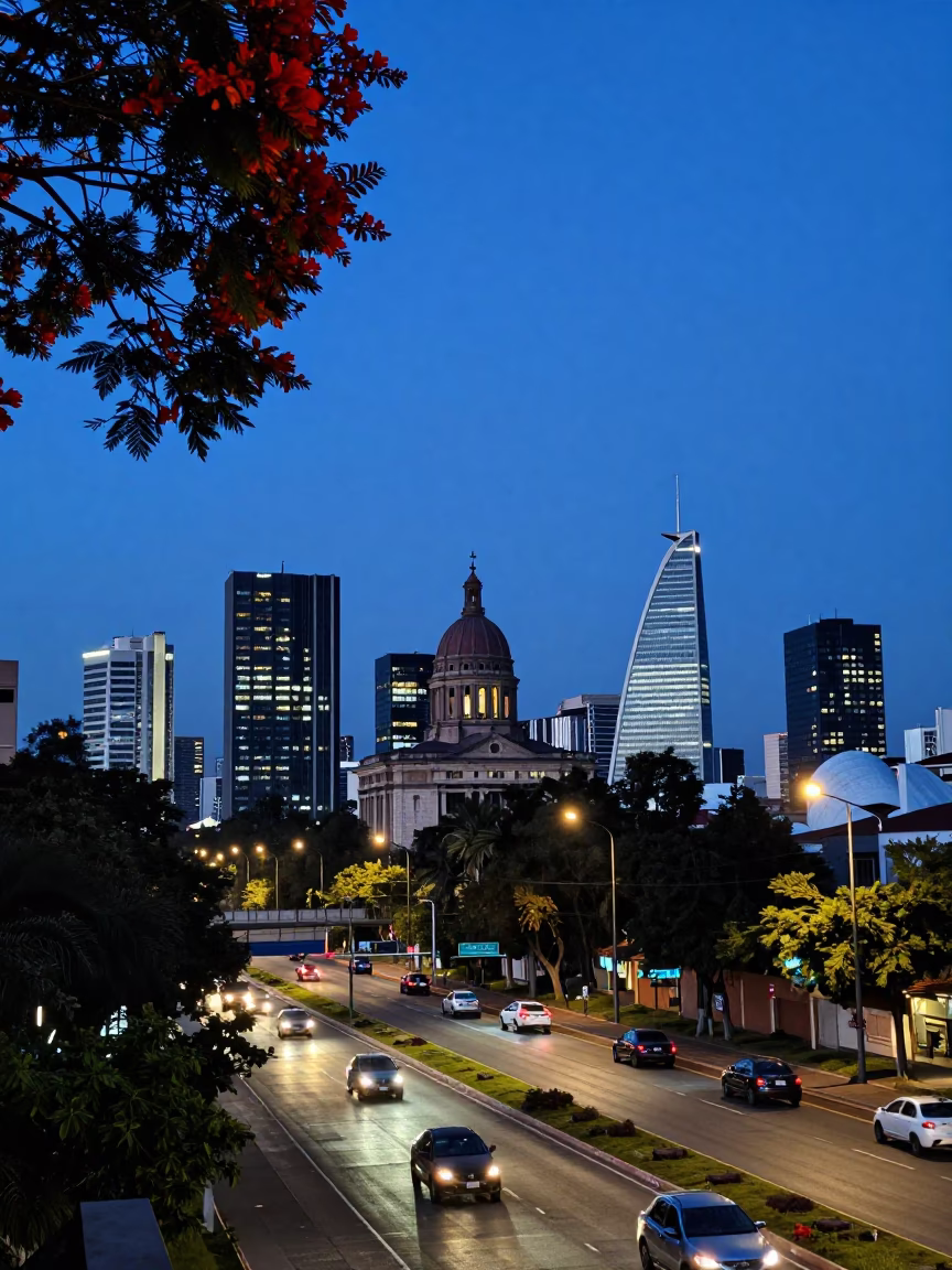 Evening Guadalajara Skyline with Flame Tree and Highway Traffic in Blue Hour in in Guadalajara, Mexico