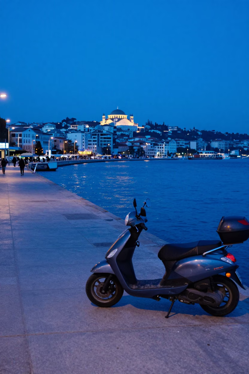 Evening Harbor Promenade in Izmir Turkey with Parked Scooter and Distant Sea View in in Izmir, Turkey