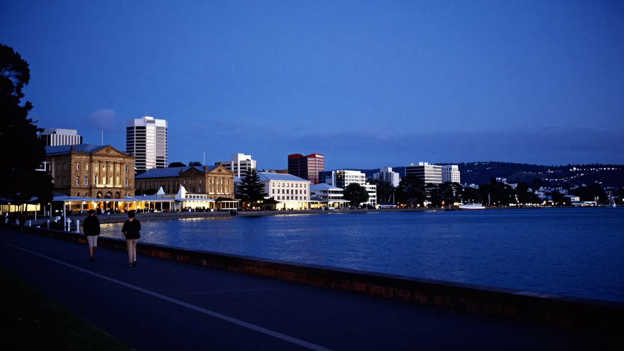 Evening Harbor View of Hobart Tasmania with Waterfront Buildings and Twilight Sky in in Hobart, Tasmania, Australia