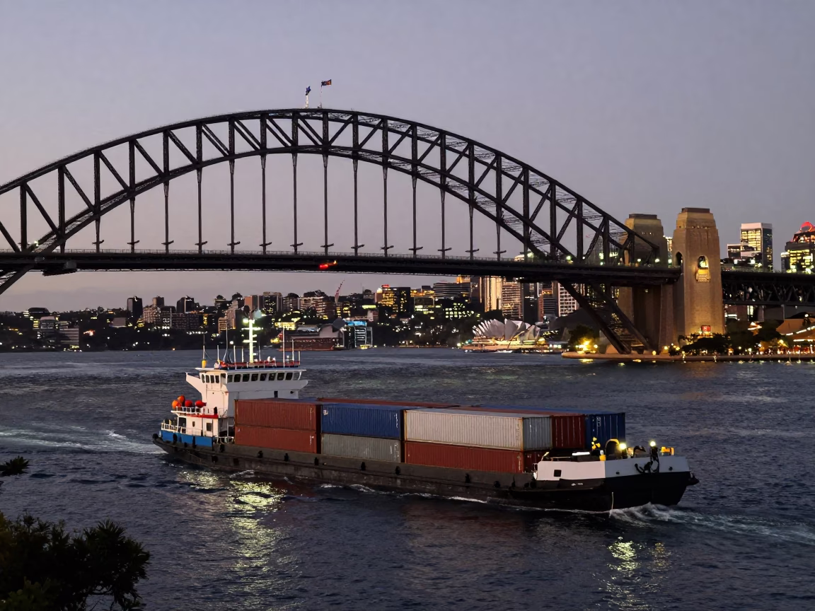 Evening Harbor View Sydney with Cargo Barge and City Lights Glow in in Sydney, New South Wales, Australia