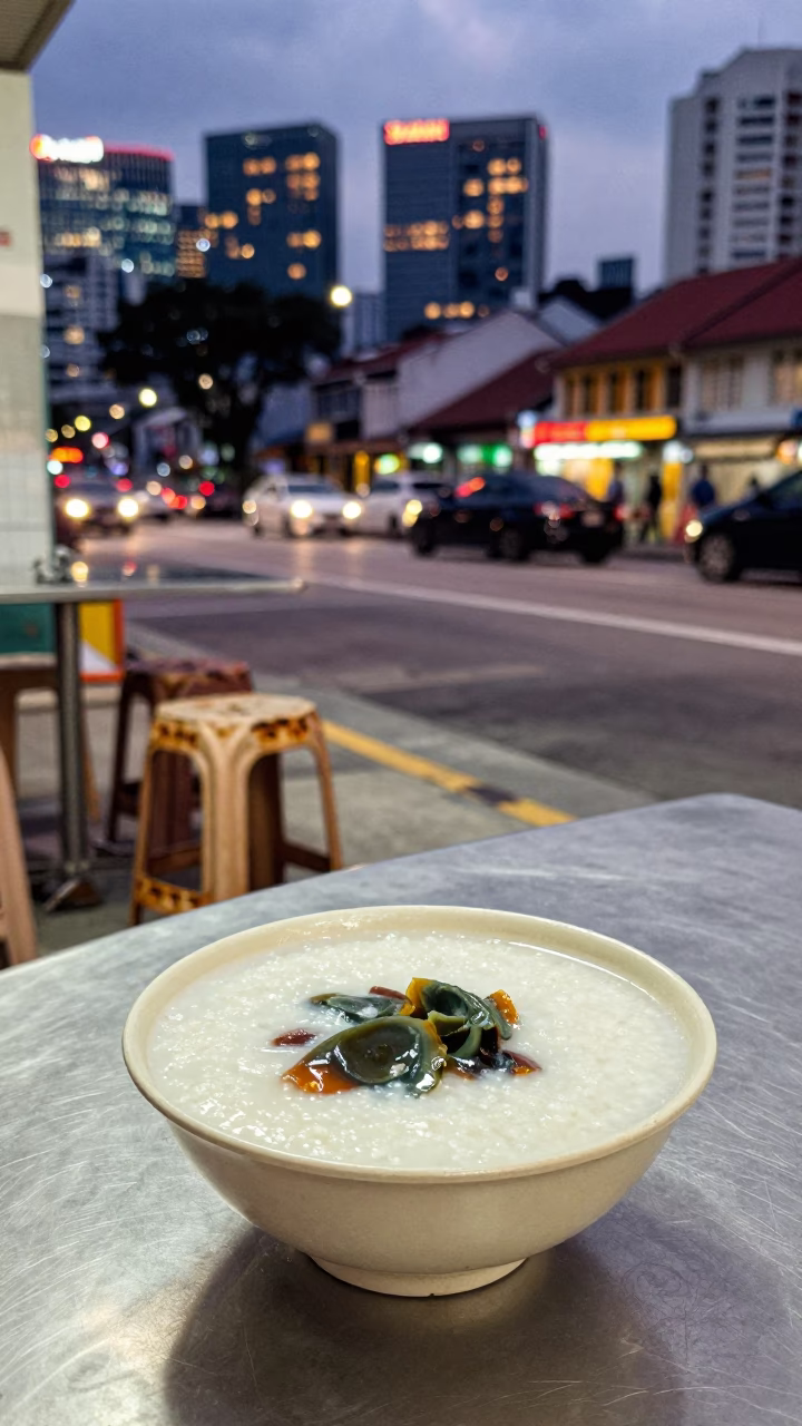 Evening Hawker Center Meal in Singapore with Bowl of Congee and City Lights in in Singapore, Singapore
