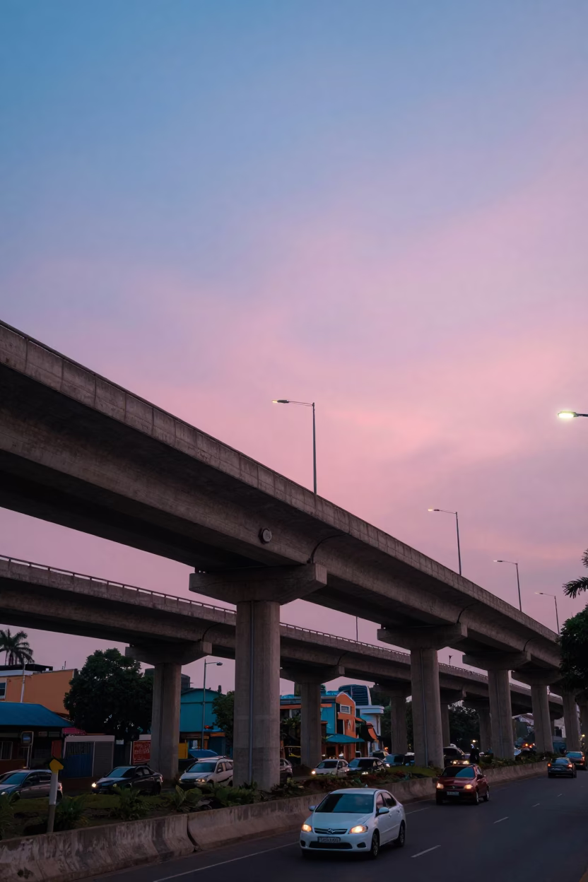 Evening Highway Flyover in Accra Ghana with Pink Sky and Urban Traffic in in Accra, Ghana