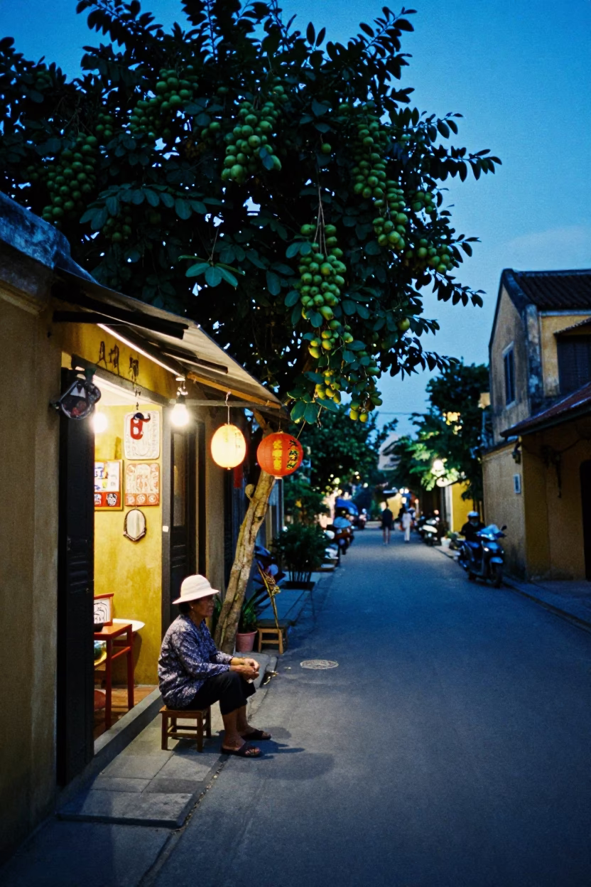 Evening Hoi An Street Scene with Fig Tree Fruit and Ceramic Teacups in in Hoi An, Vietnam
