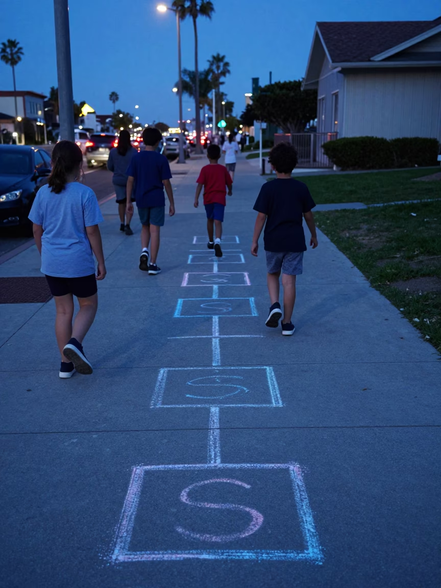 Evening Hopscotch Sidewalk Scene in San Diego California Blue Hour in in San Diego, California, United States