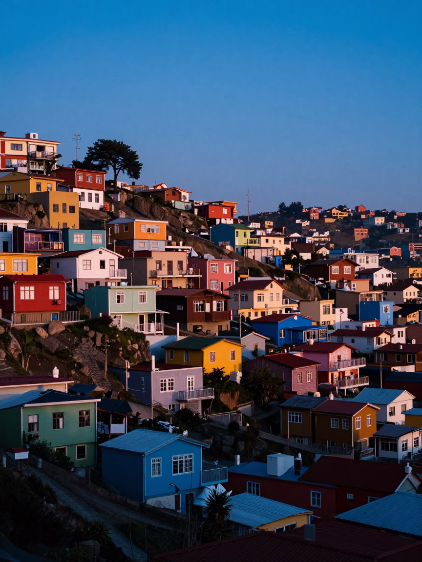 Evening Horizon View of Valparaiso Chile Colorful Hillside Houses and Blue Twilight Sky in in Valparaiso, Chile