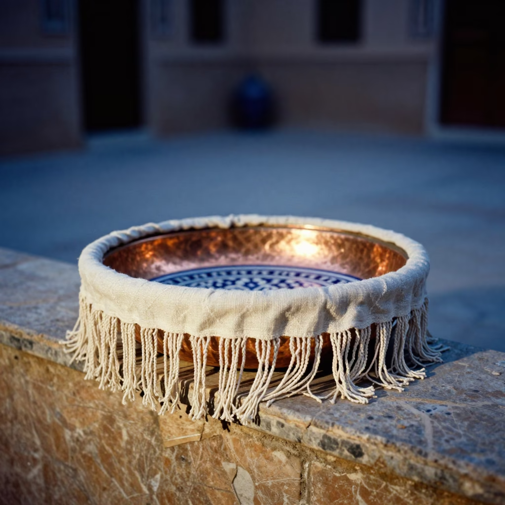 Evening in Fez Morocco Traditional Zellige Basin with Linen Fringe and Leaf Shadows in in Fez, Morocco