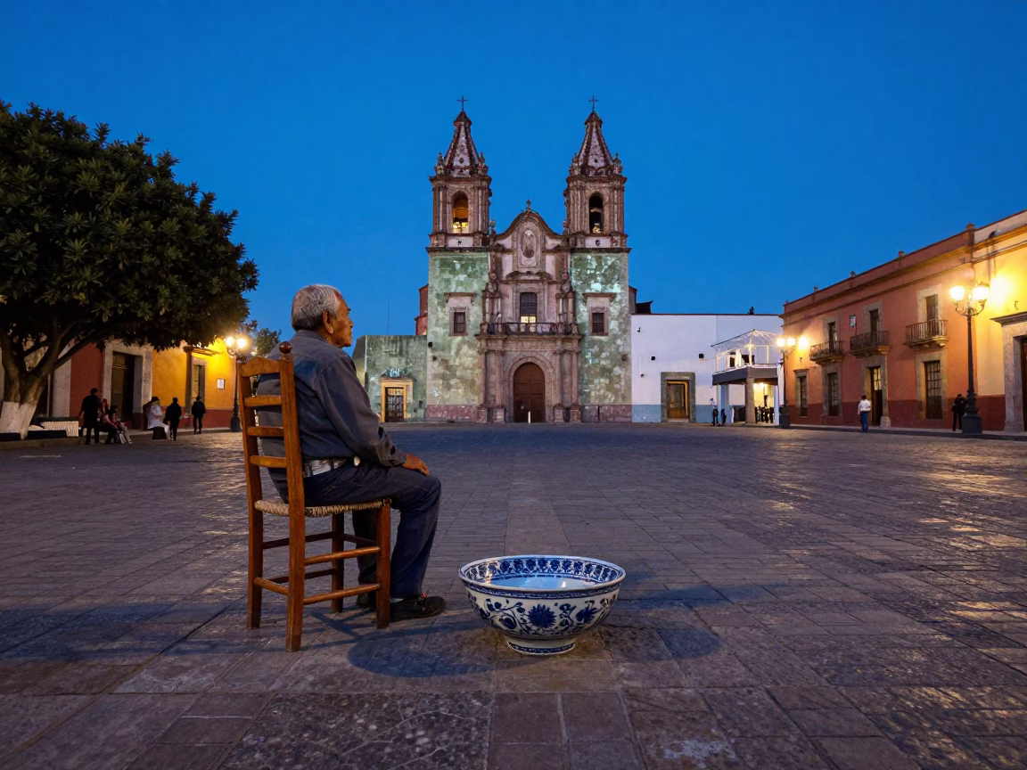 Evening in Oaxaca Plaza with Ladder Chair and Porcelain Bowl in in Oaxaca, Mexico