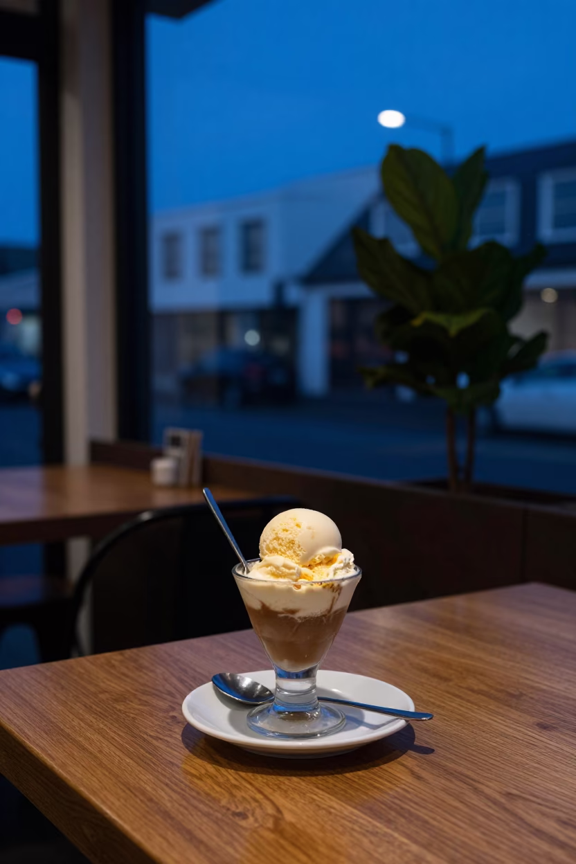 Evening Interior of Christchurch Cafe with Affogato and Houseplants in in Christchurch, New Zealand