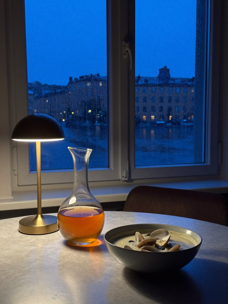 Evening Interior of Stockholm Apartment with Decanter and Lamp During Blue Hour in in Stockholm, Sweden