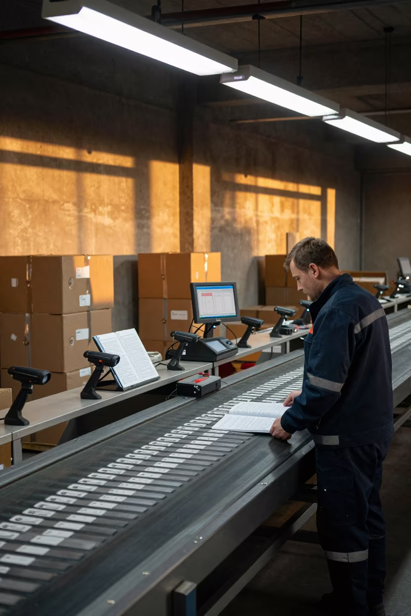Evening Inventory Count Station Warehouse Logistics in at a parcel sorting belt in Kokshetau