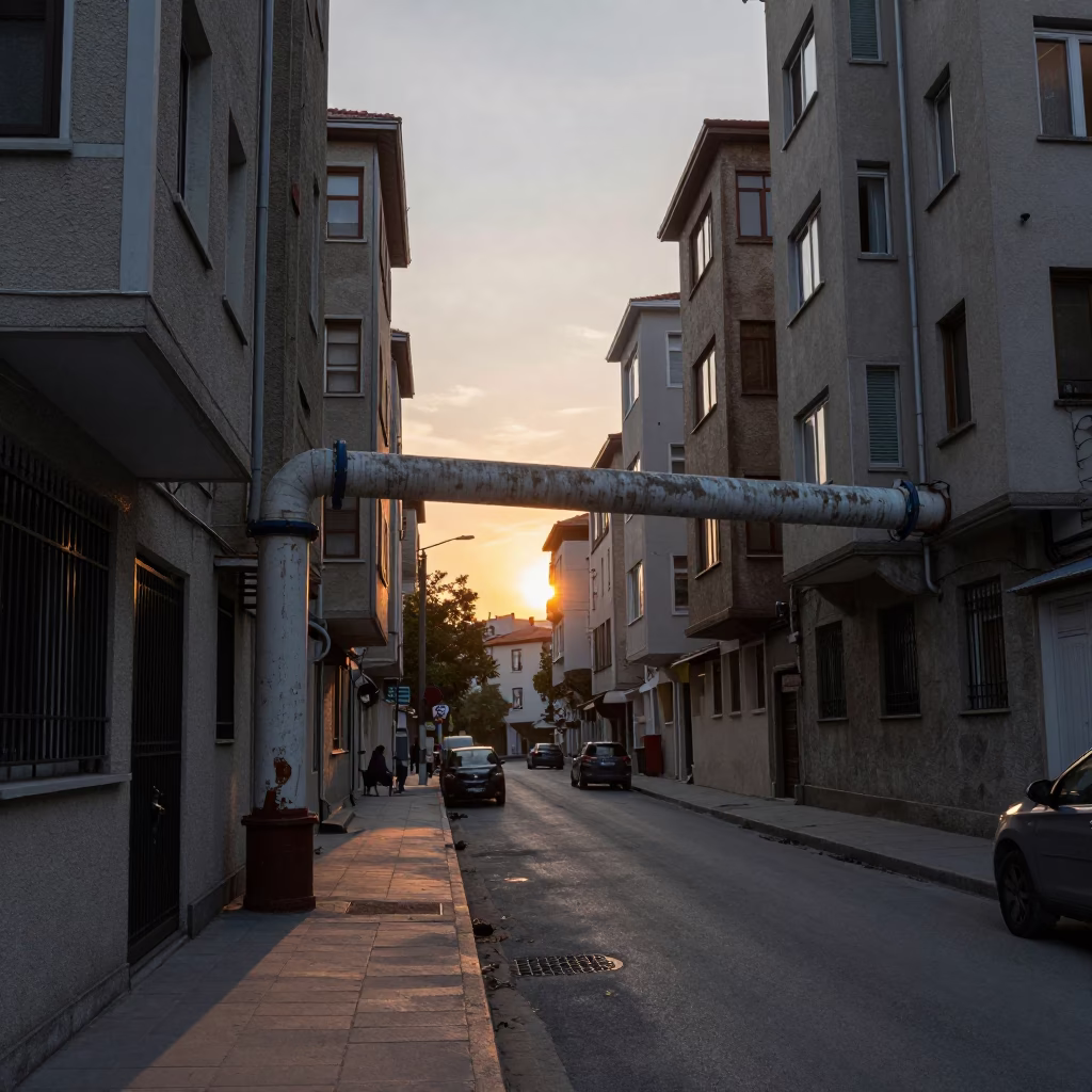 Evening Istanbul Street Scene with District Heating Pipes and Traditional Cafe in in Istanbul, Turkey