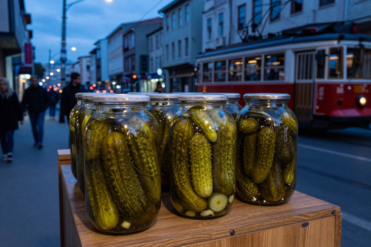 Evening Istanbul Street Scene with Pickle Jars and Tram Lines in Blue Light in in Istanbul, Turkey