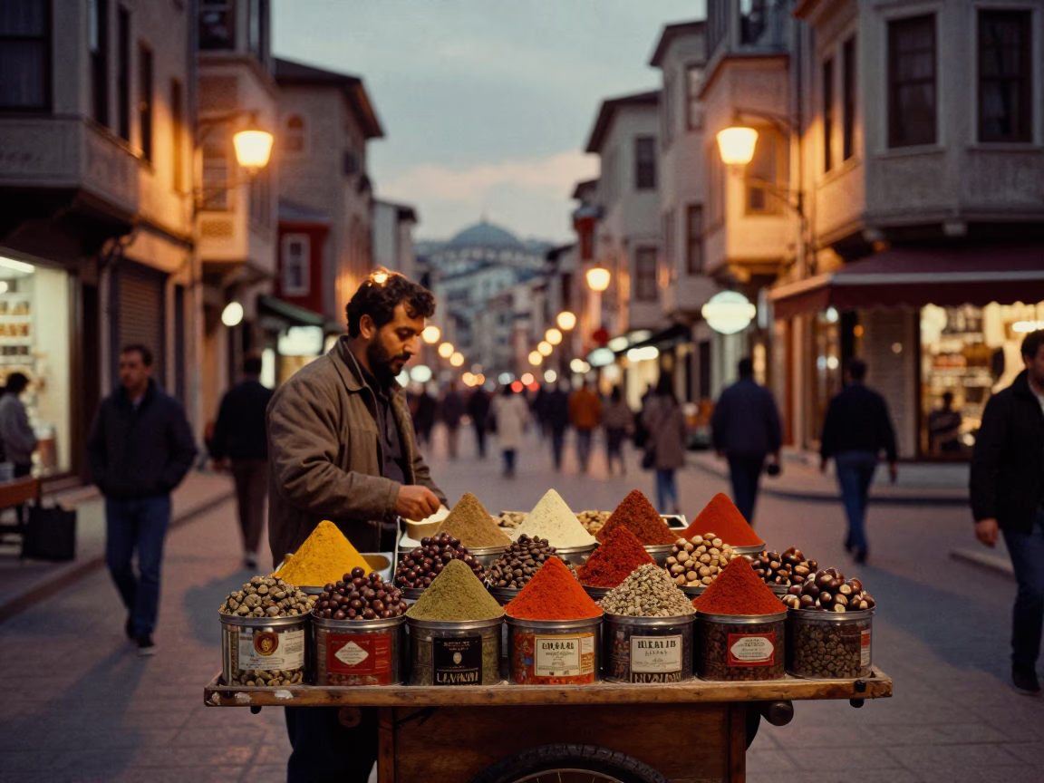 Evening Istanbul Street Scene with Spice Tins and Chestnut Tree in in Istanbul, Turkey