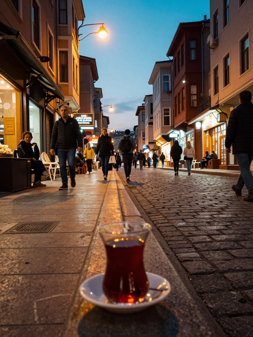 Evening Istanbul Street Scene with Traditional Tea Glass and City Lights in in Istanbul, Turkey