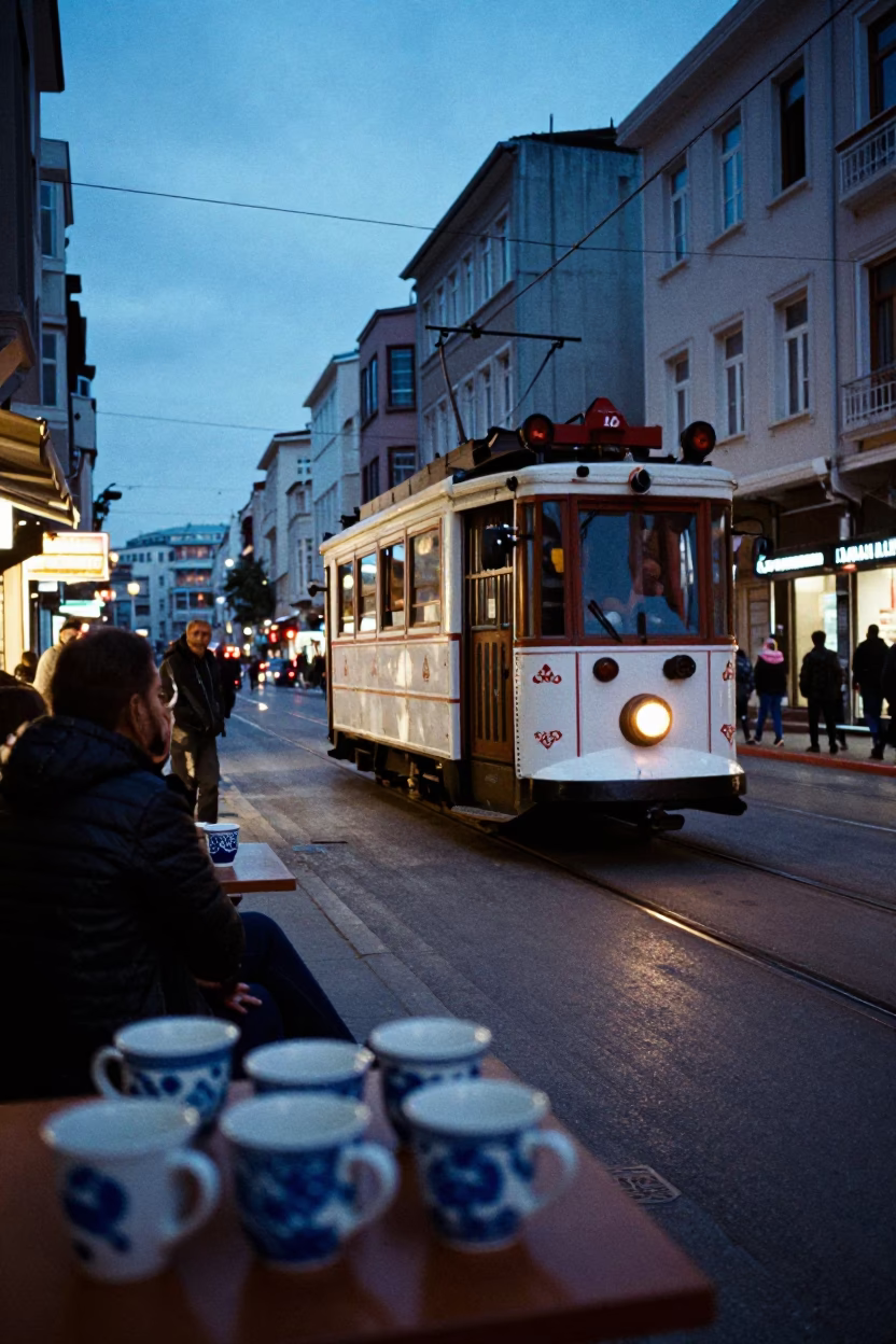 Evening Istanbul Street Scene with Tram and Ceramic Mugs in in Istanbul, Turkey