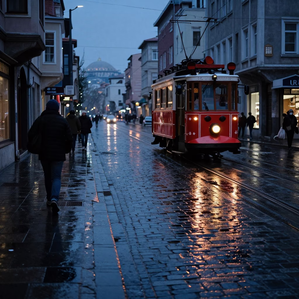 Evening Istanbul Street Scene with Tram Reflections on Cobblestones in in Istanbul, Turkey