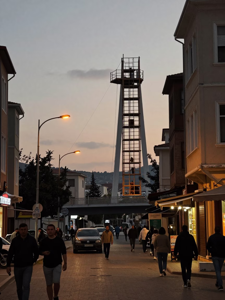 Evening Izmir Street Scene with Bridge Maintenance Cage and Wet Bicycle Rack in in Izmir, Turkey
