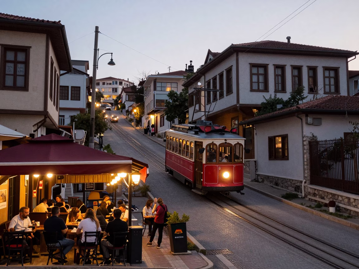 Evening Izmir Street Scene with Funicular Climbing Steep Hill and Local Diners in in Izmir, Turkey
