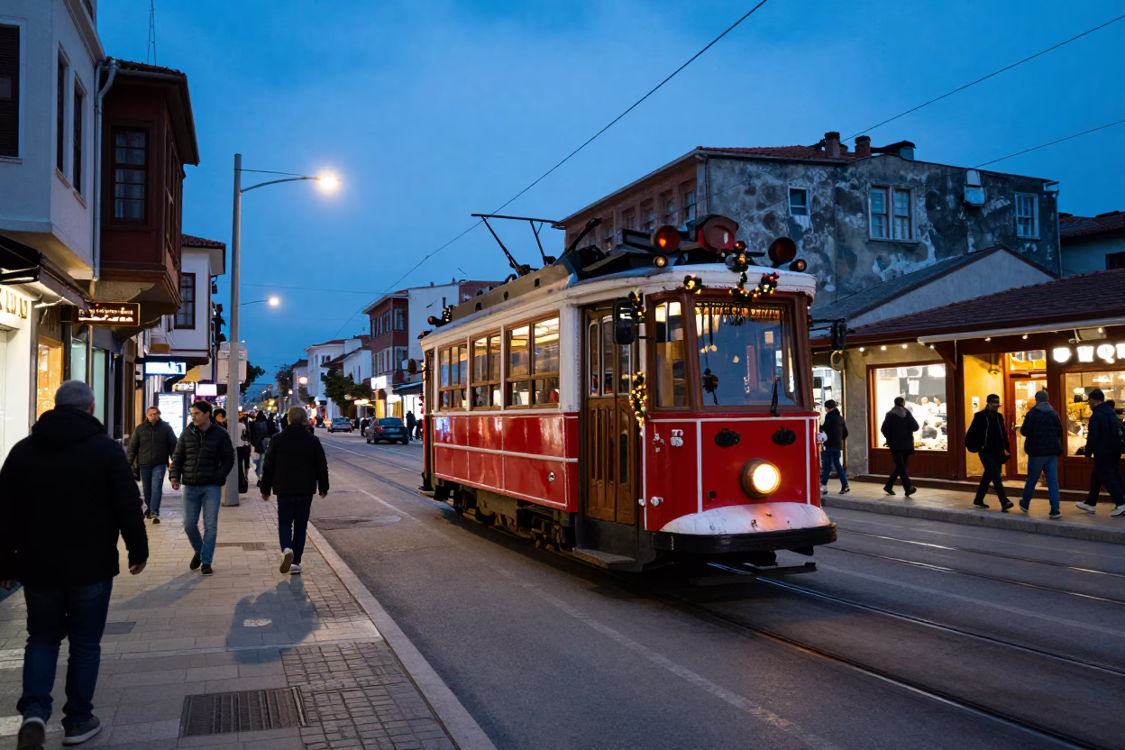 Evening Izmir Street Scene with Tram and Local Life in Turkey in in Izmir, Turkey
