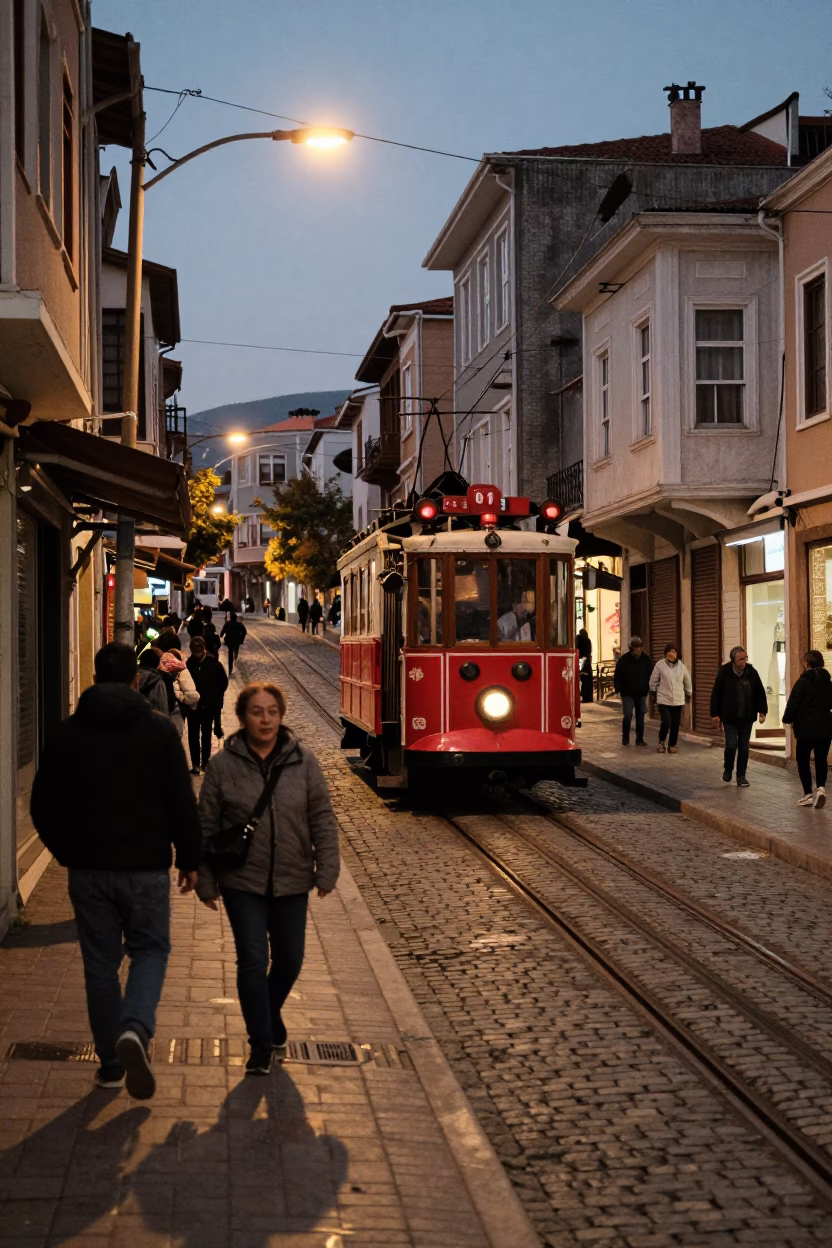 Evening Izmir Street Scene with Tram on Steep Hill and Fruit Crate in in Izmir, Turkey