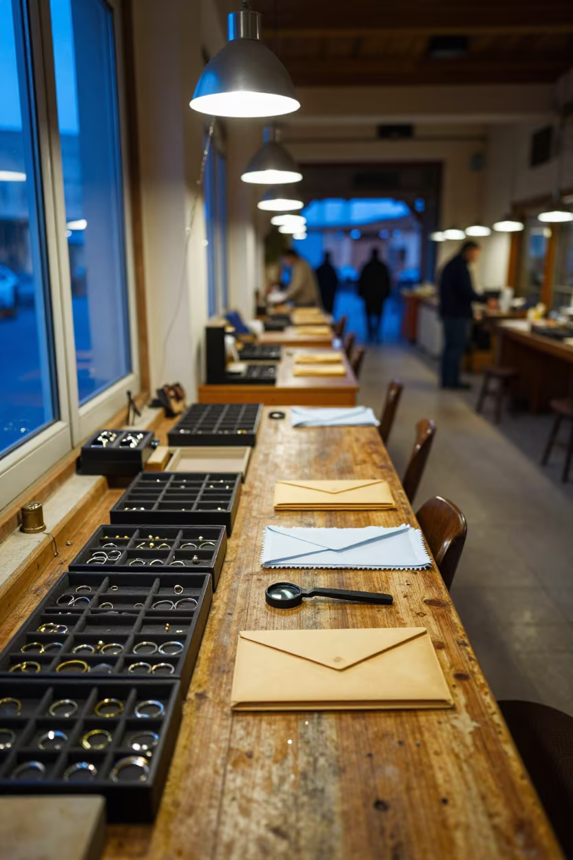 Evening Jeweler Service Desk with Ring Trays in inside a goldsmith workshop behind the market lane in Daraa
