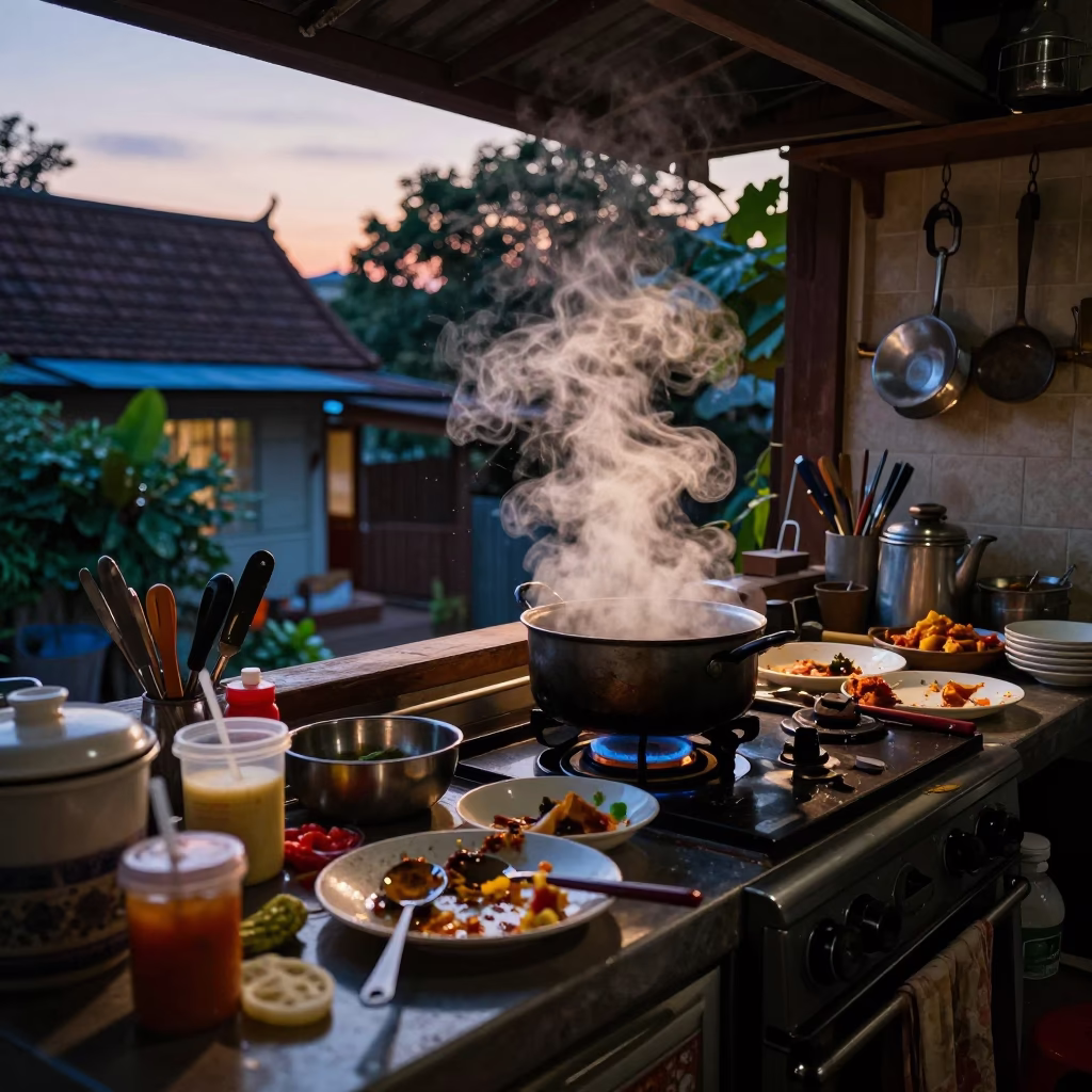 Evening kitchen chaos with steam and tools in Chiang Mai home in in Chiang Mai, Thailand