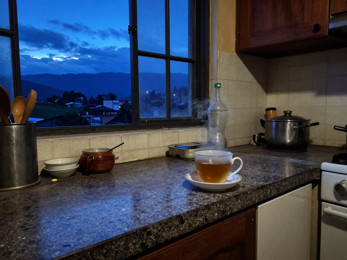 Evening kitchen scene in Medellin Colombia with steaming tea cup and rustic basin in in Medellin, Colombia