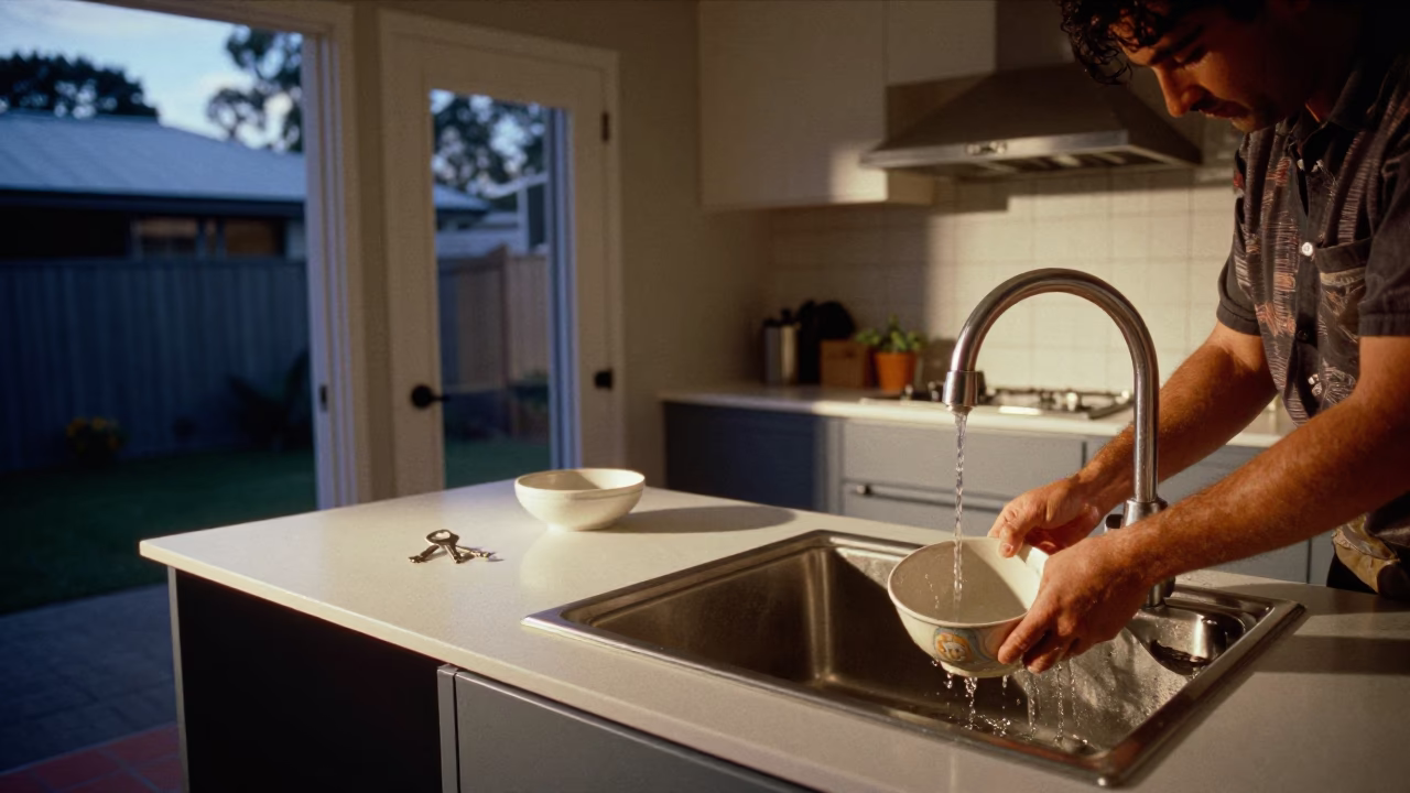 Evening Kitchen Scene in Perth Home with Sink and Key Bowl in in Perth, Western Australia, Australia
