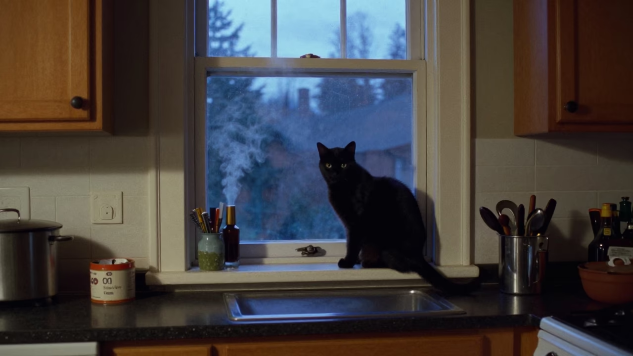 Evening Kitchen Scene in Portland Oregon with Black Cat and Steam in in Portland, Oregon, United States